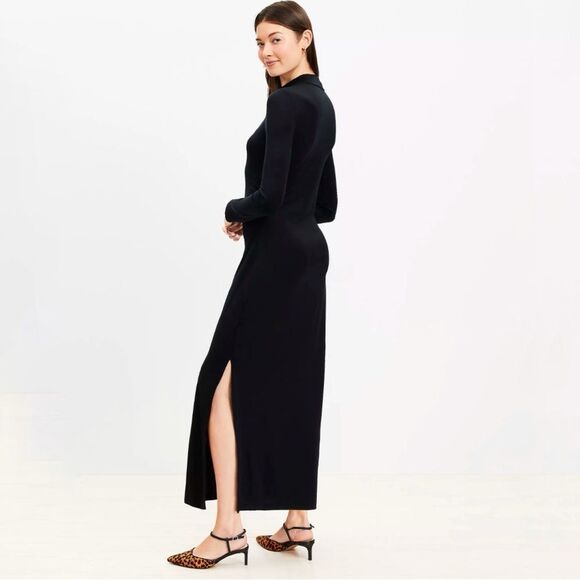 Loft Black Ribbed Long Sleeve Mock Neck Midi Dress - Picture 3 of 6